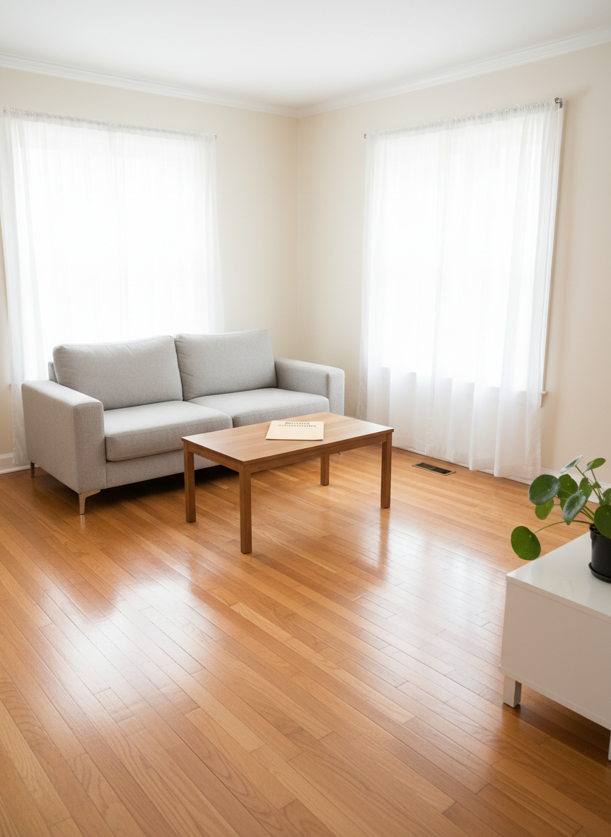 A wide, photographic shot of a bright, well-maintained rental living room staged for listing photos, featuring a neutral-toned sofa with clean lines, a simple wooden coffee table with a single rental application folder on top, and a small potted plant on a white media console. Large windows with sheer white curtains fill the room with soft, diffused daylight, creating a calm, inviting atmosphere. The walls are painted a warm off-white and the hardwood floors are lightly polished, reflecting a subtle sheen. Shot from a slightly elevated corner angle with sharp focus throughout, the composition emphasizes clean surfaces, clutter-free design, and move-in readiness. The mood is professional yet welcoming, perfect for illustrating smart DIY landlord preparation for showings and online listings.