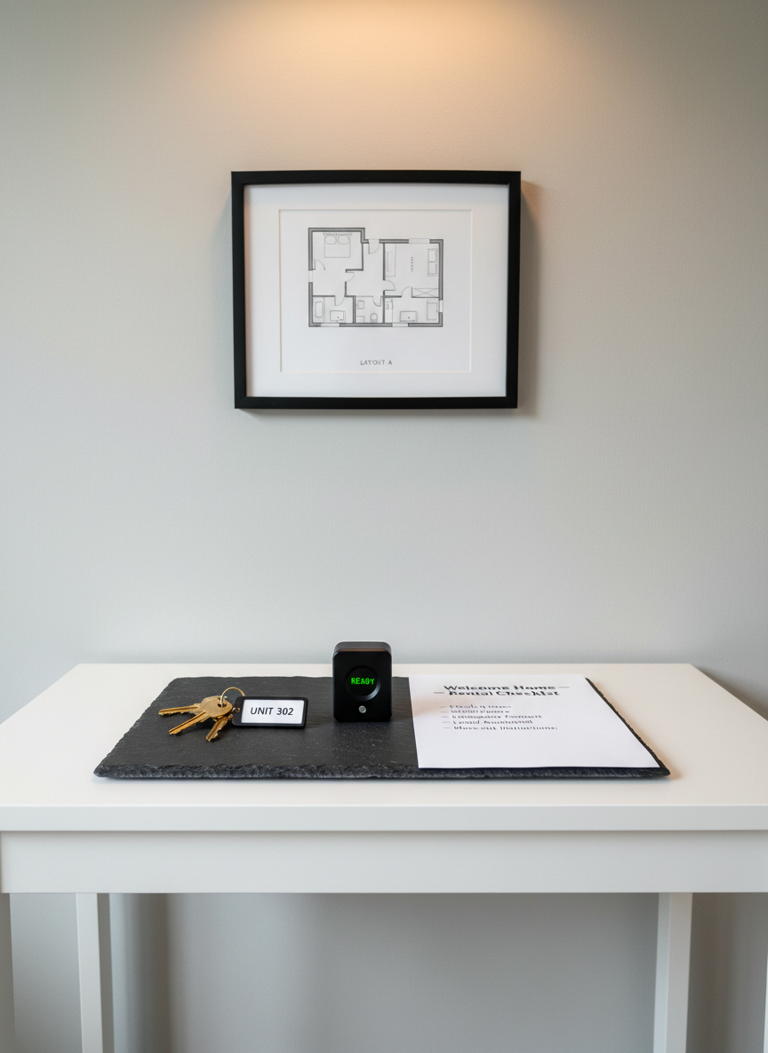 A close-up, photographic image of a tidy rental property key handoff station without any people, showing a dark slate tray on a white entryway console table. On the tray rests a labeled key ring holding several polished brass house keys, a small black digital lockbox device, and a neatly printed “Welcome Home – Rental Checklist” on crisp white paper with clear bullet points. The table stands against a light gray wall with a framed minimalist floor plan of an apartment hanging above. Soft overhead lighting and diffused daylight from an unseen side window create balanced, even illumination with gentle shadows. Captured at eye level using the rule of thirds, the composition feels intentional and professional, suggesting organized tenant onboarding and secure key management for small landlords.