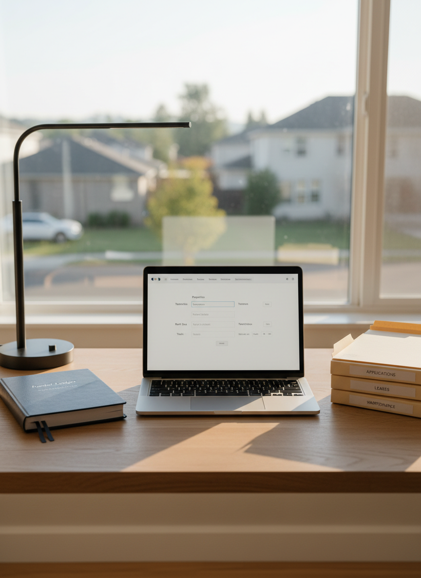 A neatly organized home office desk dedicated to rental management, featuring an open silver laptop displaying a simple rental dashboard, a thick navy-blue rental ledger notebook, and a small stack of neatly labeled manila folders marked “Applications,” “Leases,” and “Maintenance.” The desk is a light oak surface positioned near a large window overlooking a softly blurred suburban neighborhood. Soft morning natural light streams in, creating gentle highlights on the laptop keys and subtle shadows from a black metal desk lamp. Photographic realism from a slightly elevated, eye-level angle with a shallow depth of field keeps the workspace in sharp focus while the background remains softly out of focus. The mood is professional, calm, and organized, reflecting a confident DIY landlord workflow in a clean, modern aesthetic.