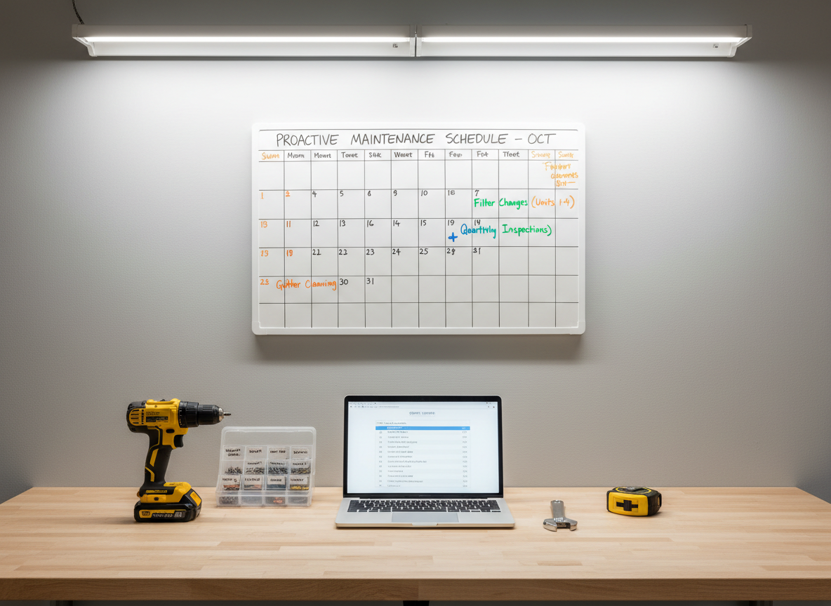 A bright, photographic image of a maintenance command center for a small landlord, set on a wide, light maple workbench. At the center rests an open laptop displaying a simple maintenance ticket list, flanked by neatly arranged tools: a yellow-and-black cordless drill, a small clear bin of labeled screws, a compact adjustable wrench, and a folded tape measure. A whiteboard mounted on the wall behind the bench shows a color-coded calendar for inspections, filter changes, and seasonal tasks, all written in clean, legible handwriting. Overhead workshop lights provide clear, even illumination, with soft shadows adding depth. Shot straight-on with sharp focus throughout, the composition feels organized, capable, and practical, emphasizing proactive maintenance systems that empower DIY landlords to stay ahead of issues.