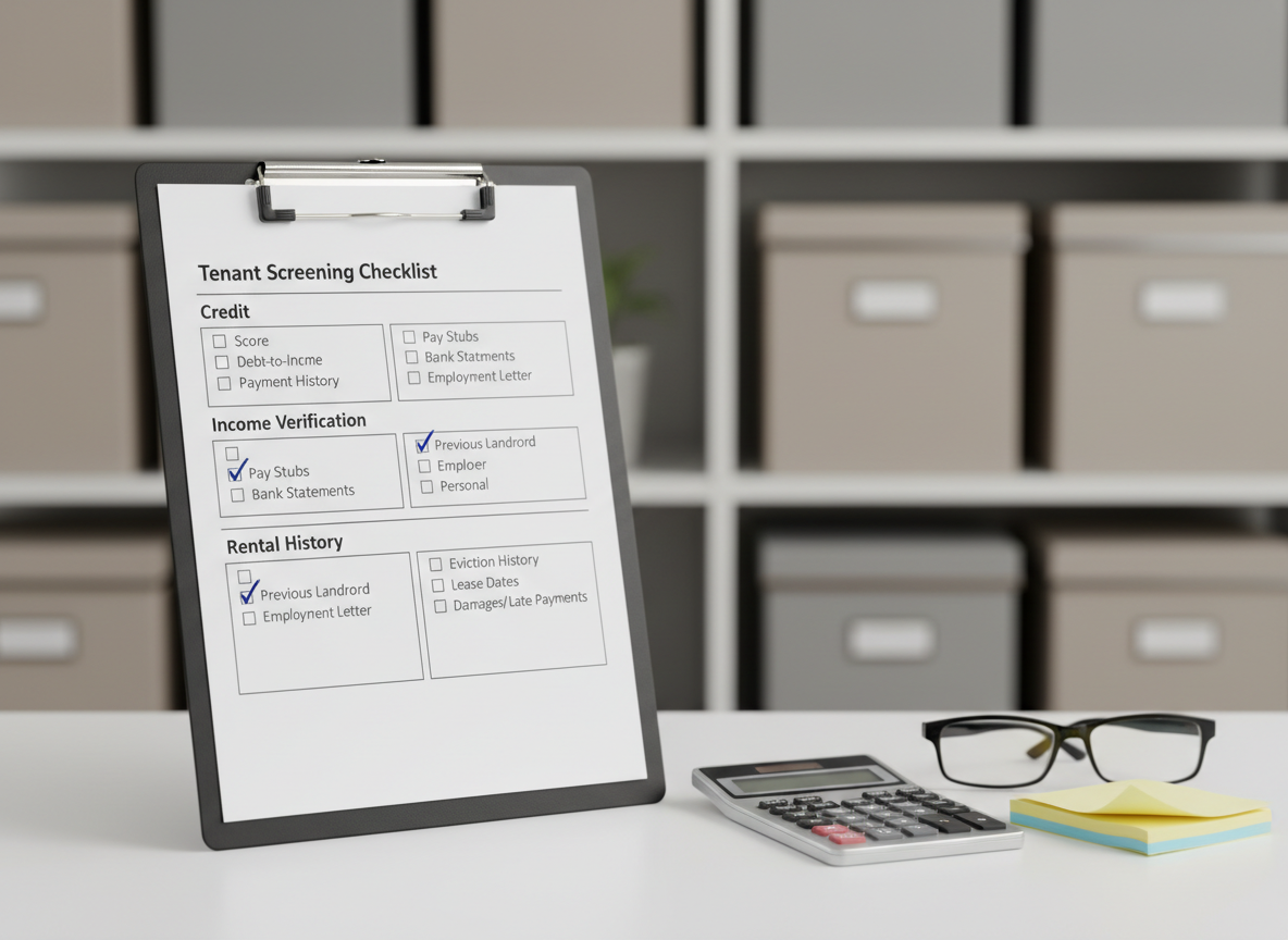 A photographic close-up of a tenant screening checklist clipped to a sturdy metal clipboard resting on a smooth white desk. The checklist shows clearly printed sections labeled “Credit,” “Income Verification,” “References,” and “Rental History,” each with tidy checkboxes, some ticked with dark blue ink. Beside the clipboard lie a slim silver calculator, a pair of black-framed reading glasses, and a small stack of color-coded sticky notes. The desk is set against a blurred background of neutral office shelving with labeled storage boxes. Soft, even studio-style lighting casts gentle shadows and subtle reflections on the metal clip and calculator buttons. Captured at an eye-level angle with shallow depth of field, the image feels meticulous, professional, and methodical, illustrating a straightforward tenant screening system for DIY landlords.