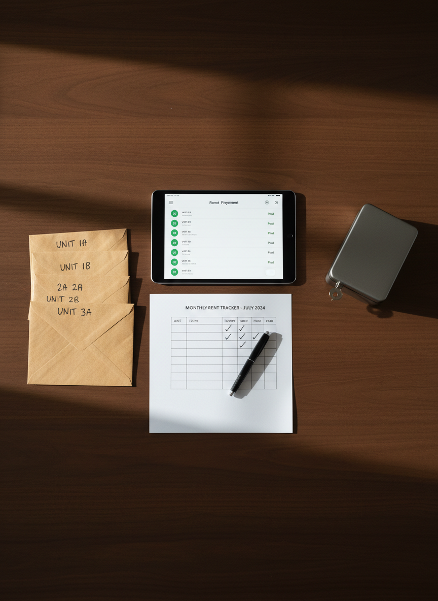 A detailed, overhead photographic view of a DIY landlord’s rent collection system laid out on a smooth, dark walnut table. At the center, a sleek tablet displays a minimalist online rent payment dashboard with green “Paid” indicators. Surrounding it are neatly stacked envelopes labeled by unit number, a small metal cash box closed with a key, and a simple monthly rent tracking sheet printed on bright white paper with tidy handwritten checkmarks. Soft, diffused afternoon light from a nearby window creates mild shadows and a professional, focused mood. The composition uses a flat-lay style with balanced spacing and clean lines, emphasizing efficiency, organization, and modern digital tools that help small landlords manage rent without a property manager.